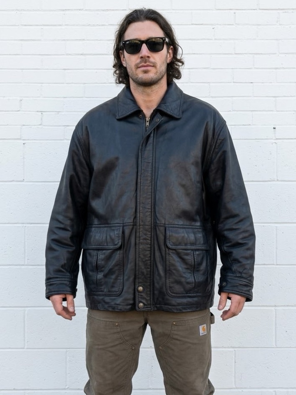 Vintage 90s Black Leather Jacket Oversized Moto Mens Quilted Lined Small Medium